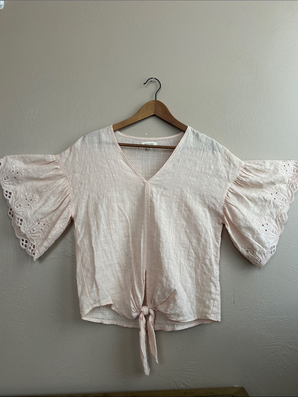 Max Studio Light Pink Tie-Front V-Neck Blouse with Eyelet Bell Sleeves. Size Sm.